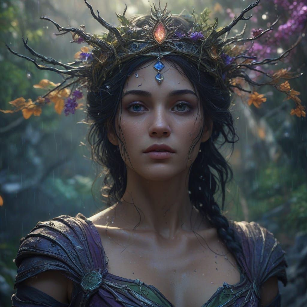 Mystical Dystopian Goddess Amidst Rainy Ruins