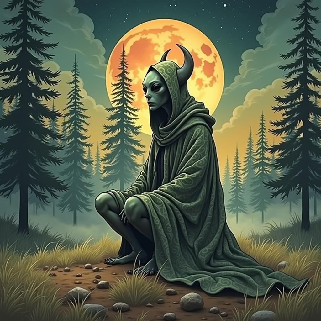 Alien Meditation: Dreamlike Watercolour in Forest Landscape