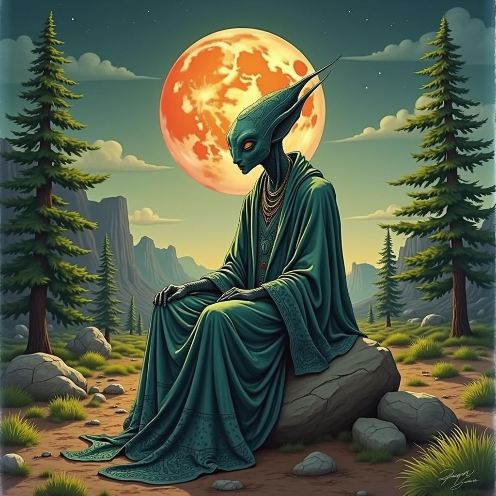 Alien Meditation in Desert Forest, Watercolour Art