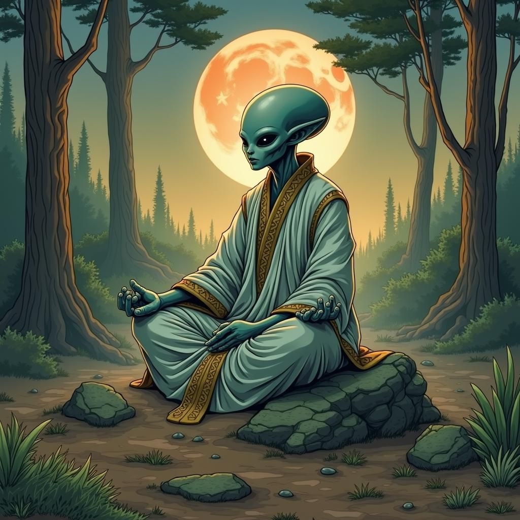 Alien Meditation in Pine Forest, Clear-Line Art