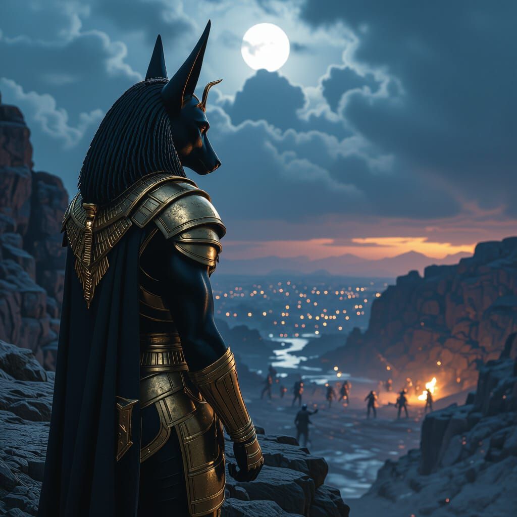 Anubis Oversees Night Battle in Dramatic Lighting