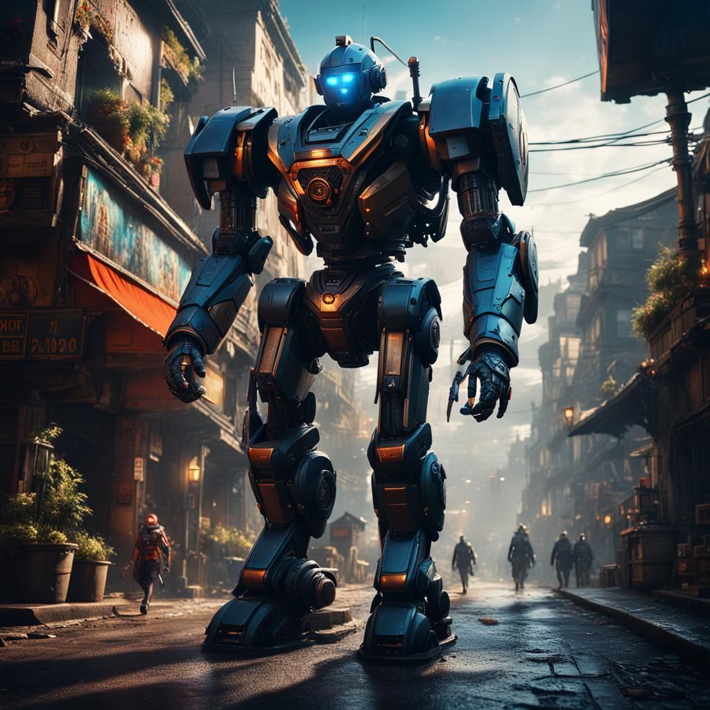 Humanoid Robot Walking on Street: Detailed Matte Painting