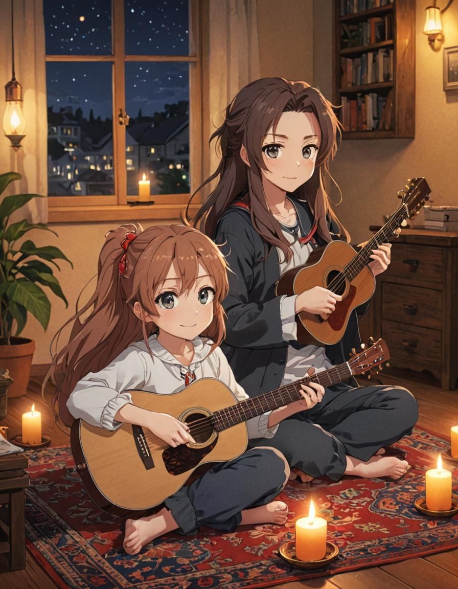 Anime Characters in Cozy Night Scene