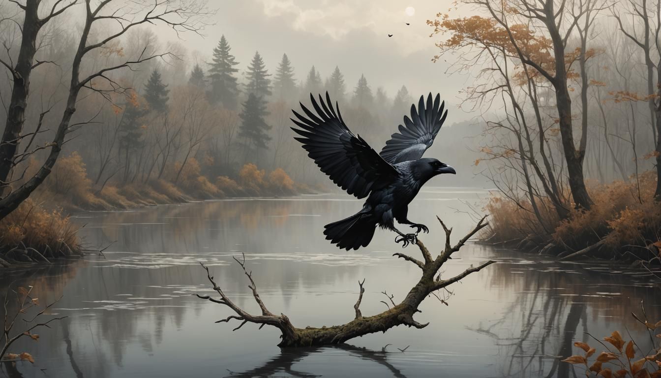 Crow Landing: Detailed Matte Painting in Fantasy Style
