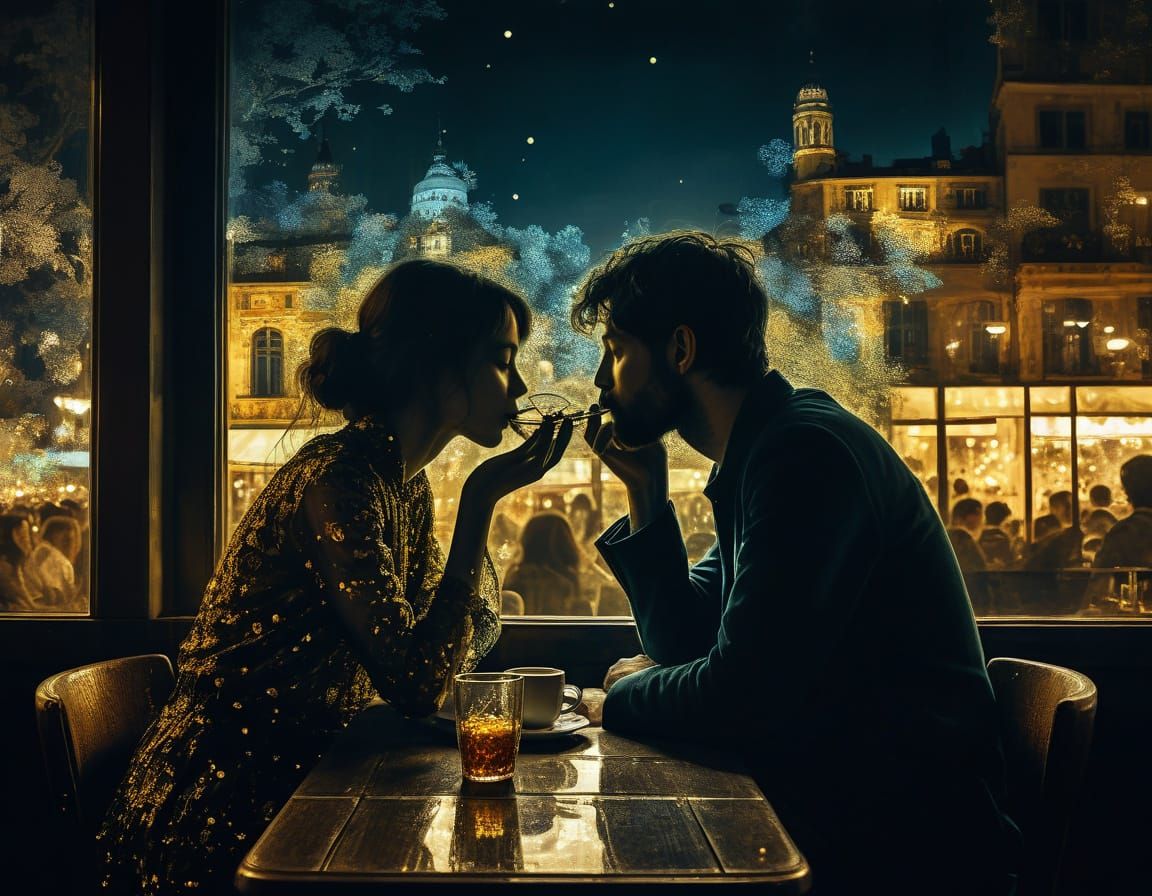 Gustav Klimt-Inspired Double Exposure Night Cafe Scene
