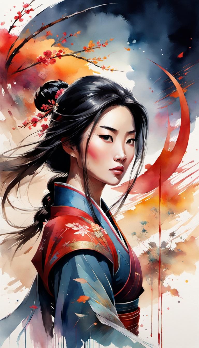 Mulan Watercolor Portrait Inspired by Manga Art