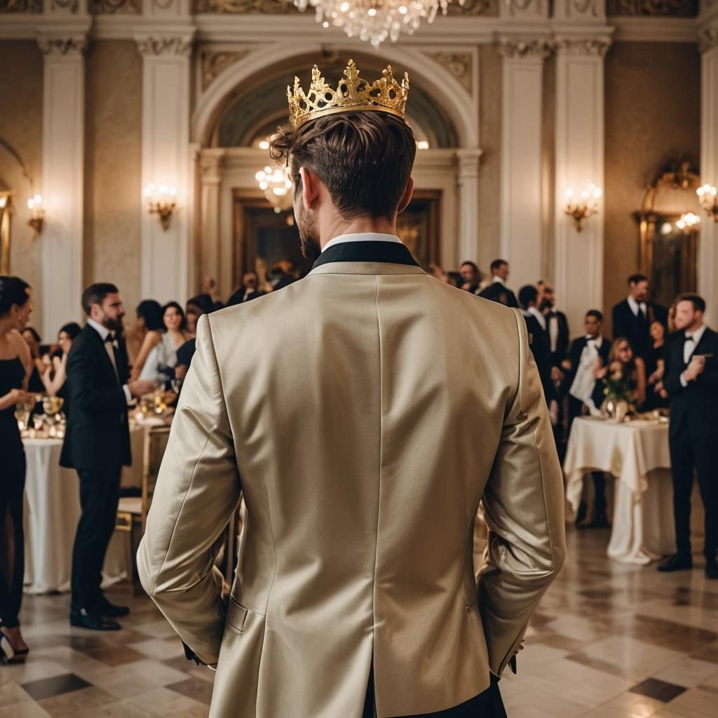 Man in Tuxedo and Crown at Palace Party