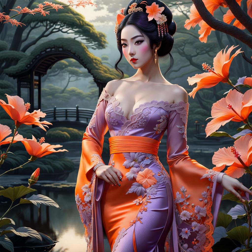 Geisha in Hibiscus Pond Dark Fantasy Lace Art