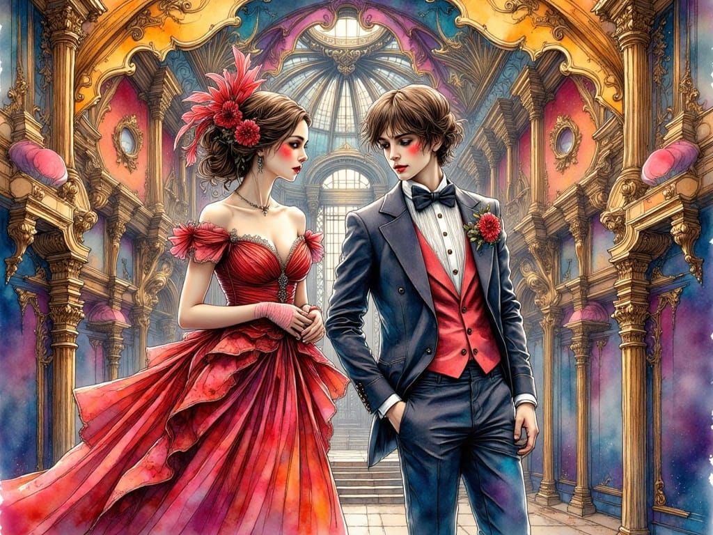 Vienna Opera House Masquerade Ball in Ink Drawing Style