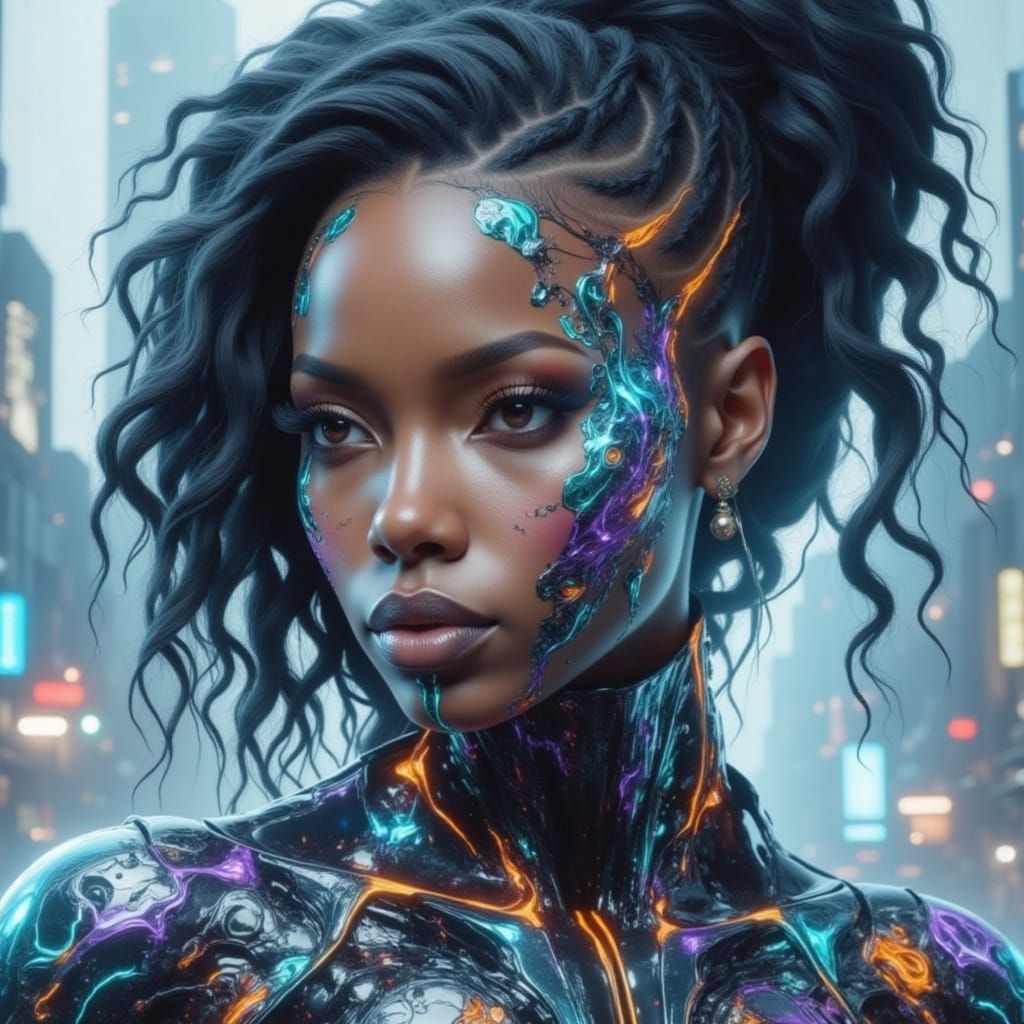 Cyborg Goddess in Neon Urban Dreamscape