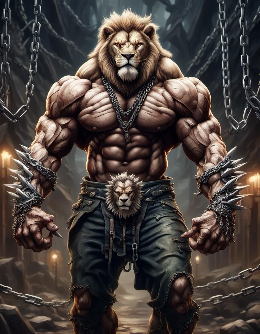 anthropomorphic lion man with massive muscular muscle ,8k resolution concept art with chains,spikes and huge claws