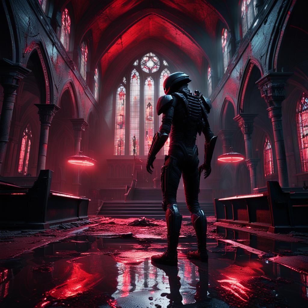 Xenomorph and Daredevil in Gothic Setting