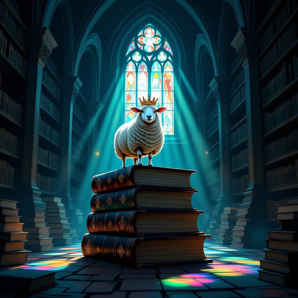 Whimsical Crowned Sheep on Ancient Book in Cavernous Library