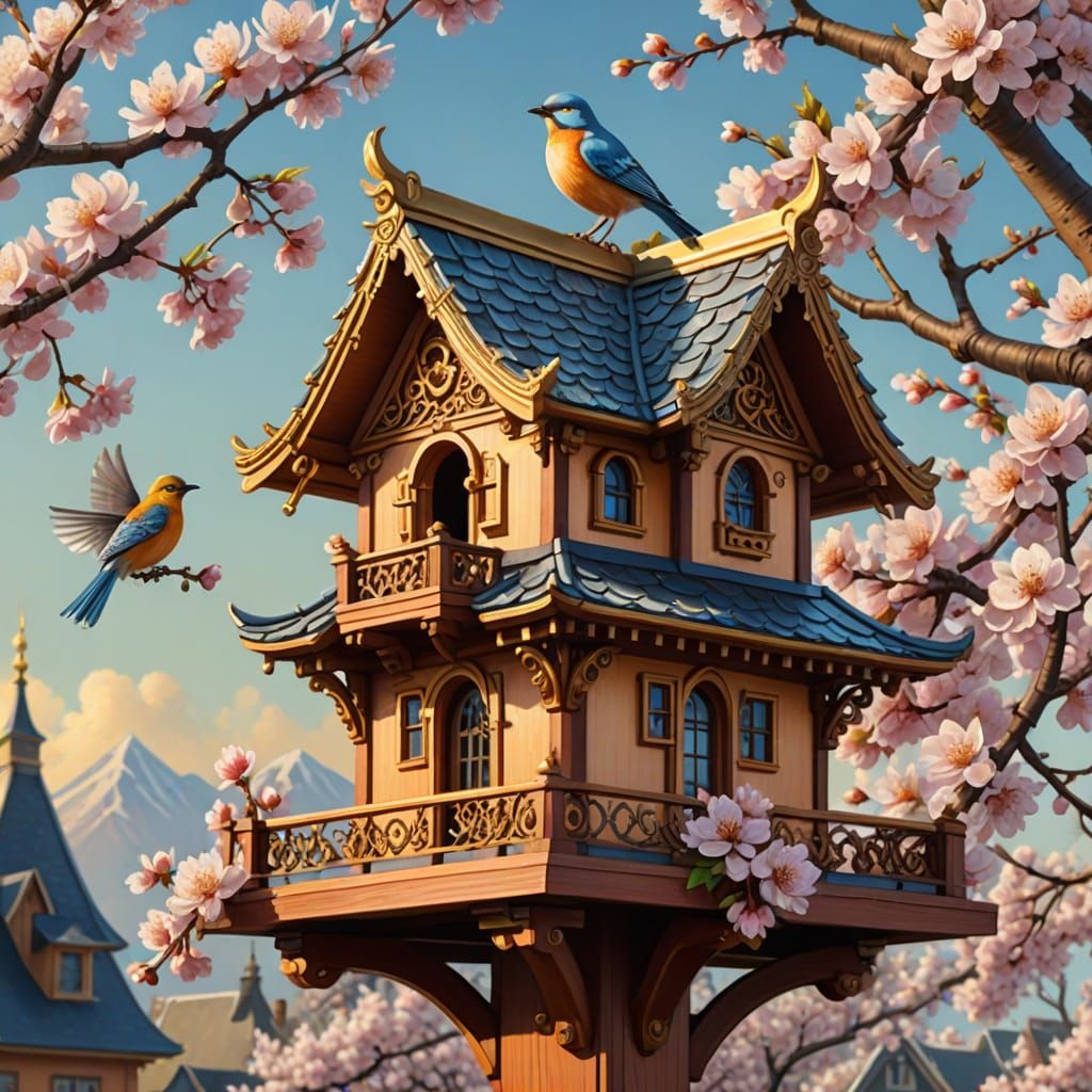 Victorian Birdhouse in Cherry Tree: Hyperreal Pin-Up Art
