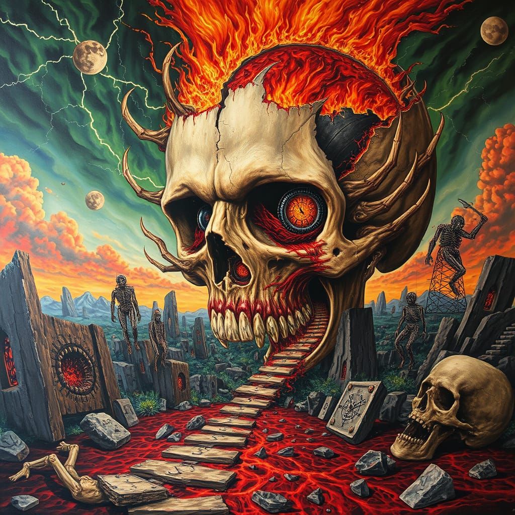 Acrylic Hellscape: Burning Skull and Total Collapse