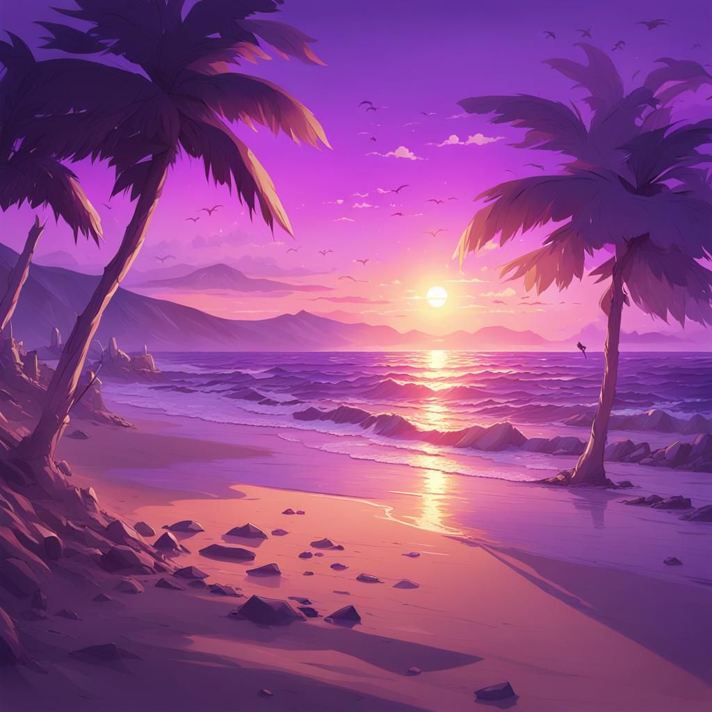 Purple Sunset Beach: Detailed 3D Anime Art