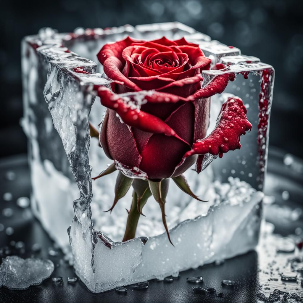 Red Rose Breaks Through Ice Cube