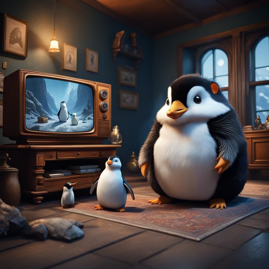 Hamster and Penguin Watch TV in Detailed Painting