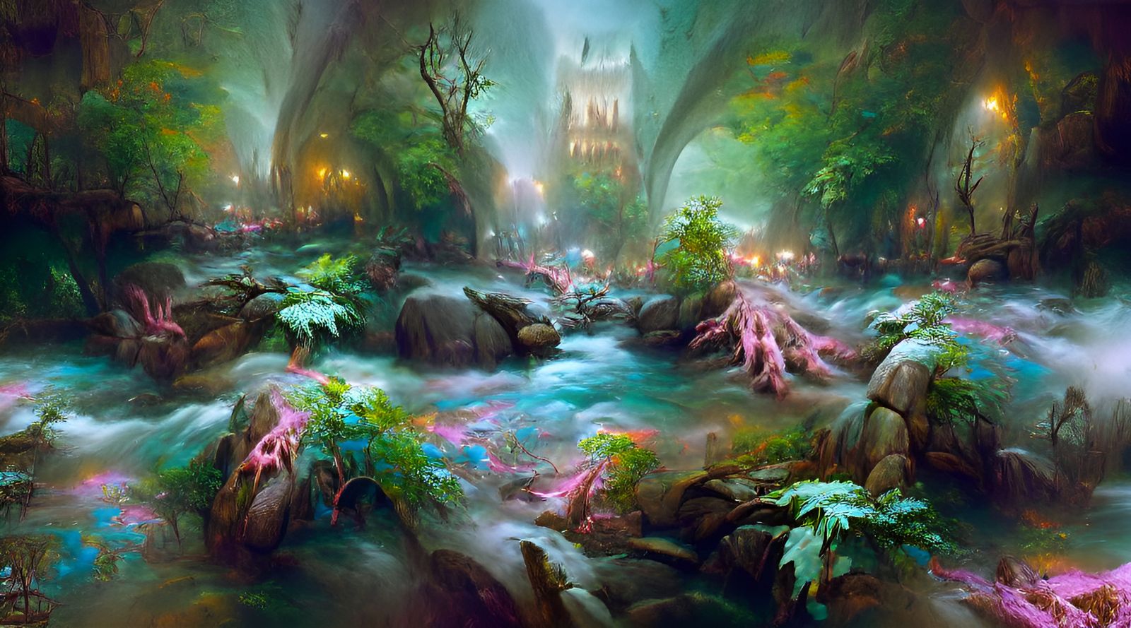 Mystical River Flows Through Neon Fantasy Forest