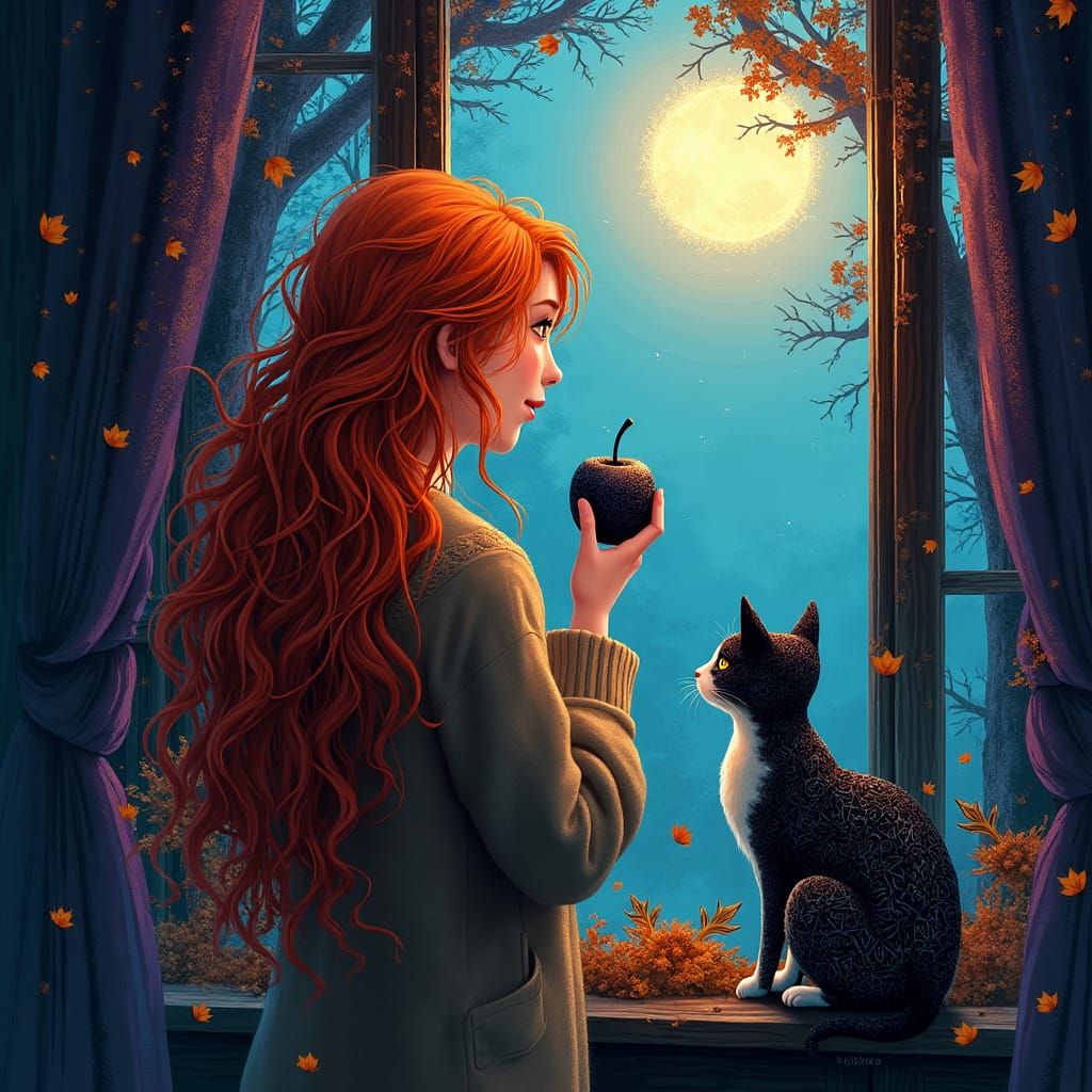 Halloween Night: Redhead and Cat in Fractal Art