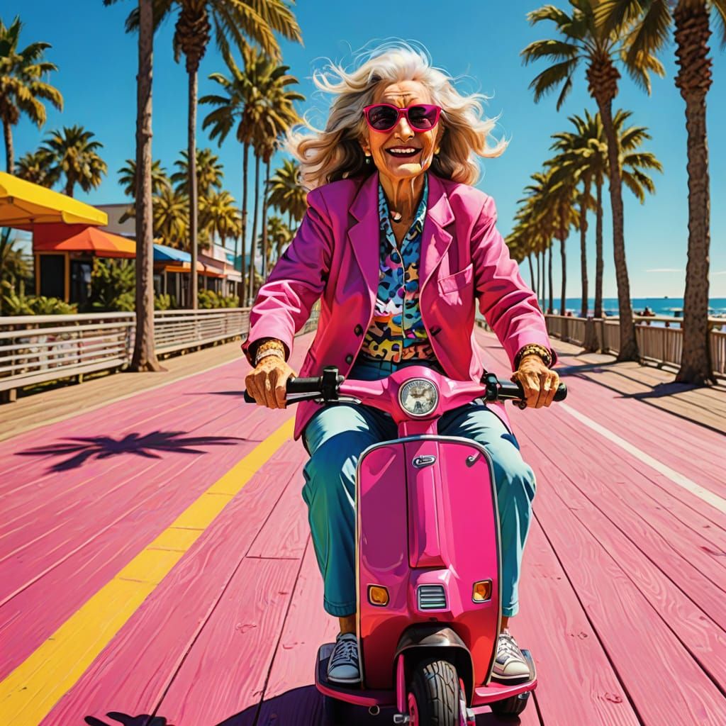 Senior Woman's Joyful Ride: Pop Art Boardwalk Scene
