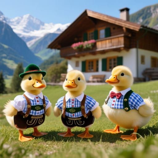 Ducklings in Bavarian Outfits at Swiss Chalet