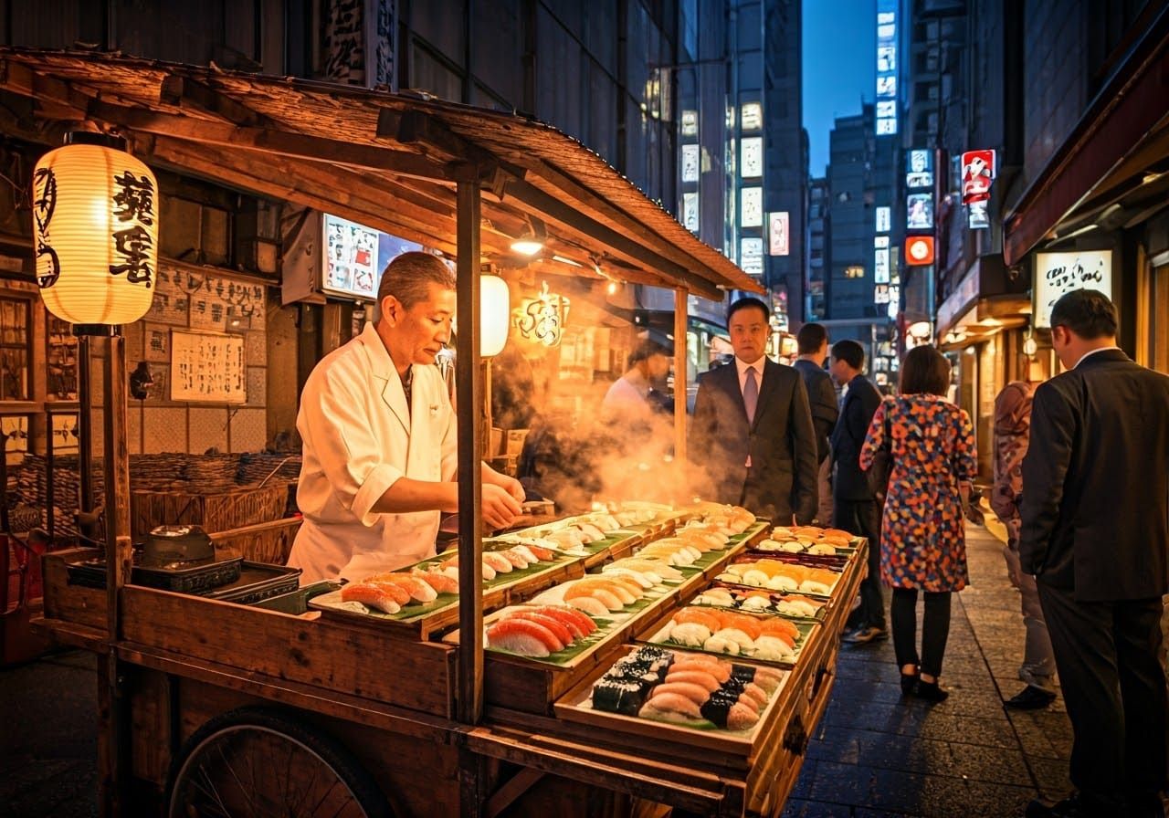 Tokyo Alley Sushi Cart at Dusk in Cyberpunk Style