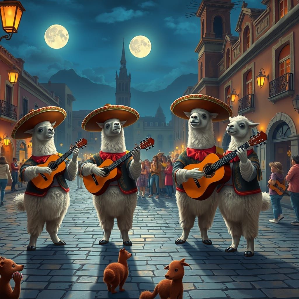 Llama Mariachi Band Plays Under the Moon