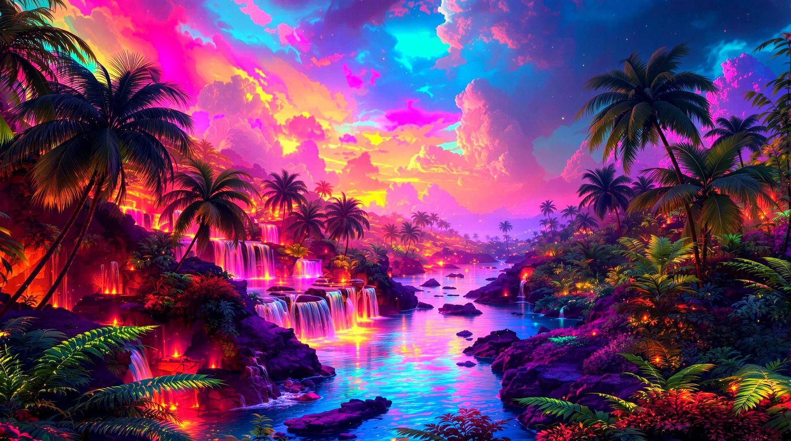 Surreal Futuristic Landscape with Neon Waterfalls and Irides...