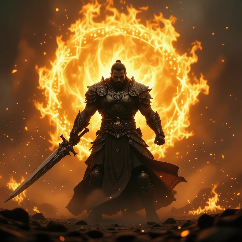 Epic Warrior Ascends in Golden Aura with Swirling Embers