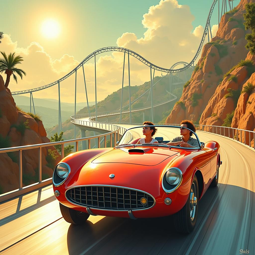 Futuristic Car on Roller Coaster Road in Dreamscape