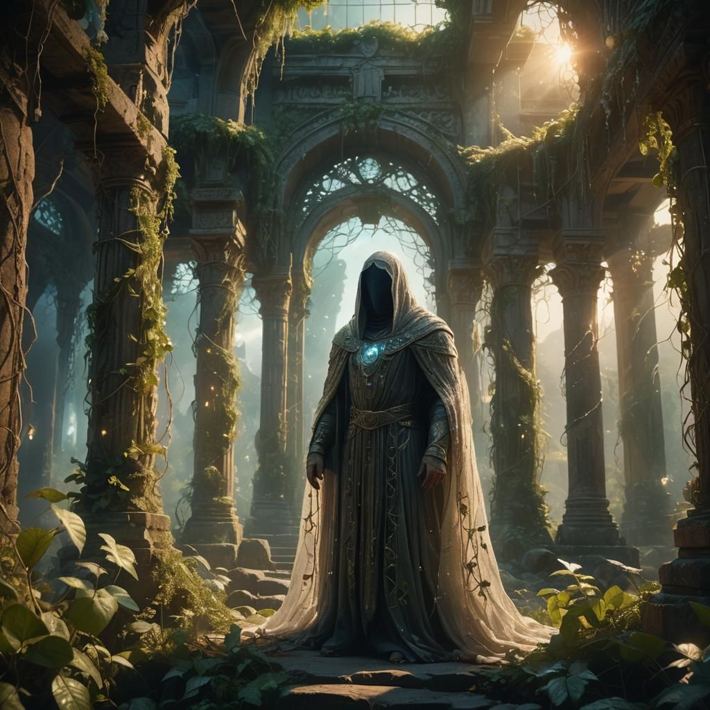 Ethereal Figure in Ancient Temple: Cinematic Digital Art