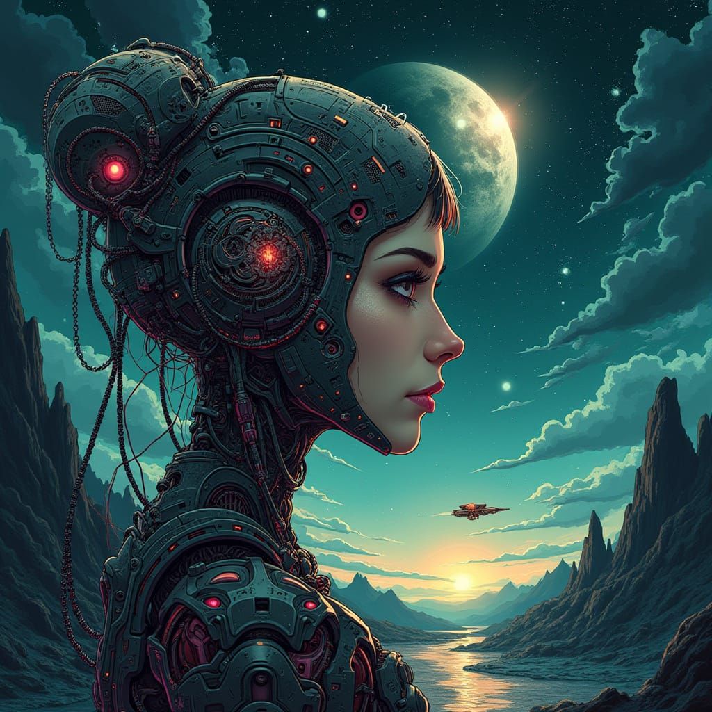 Eerie Sci-Fi Cyborg in Vibrant Anime Style