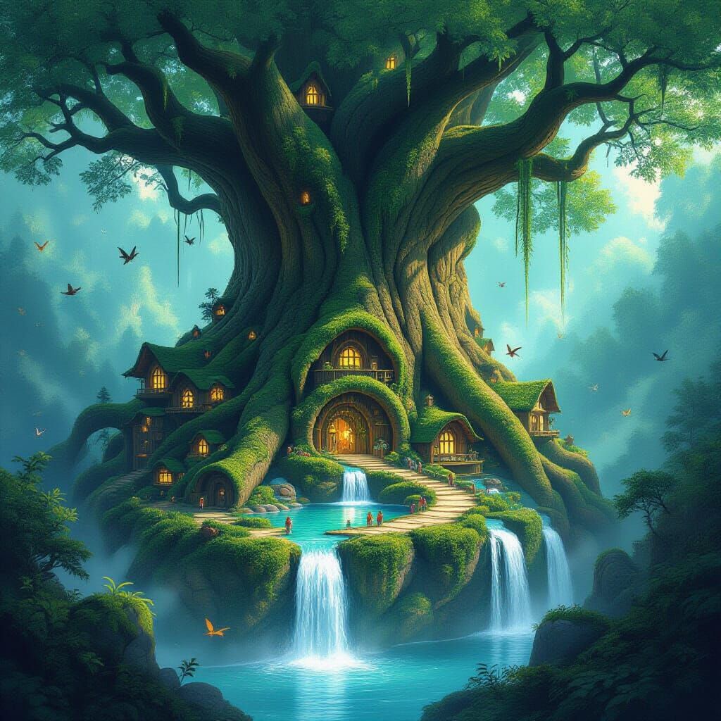 Hidden City in Giant Tree, Waterfalls & Luminescent Flora