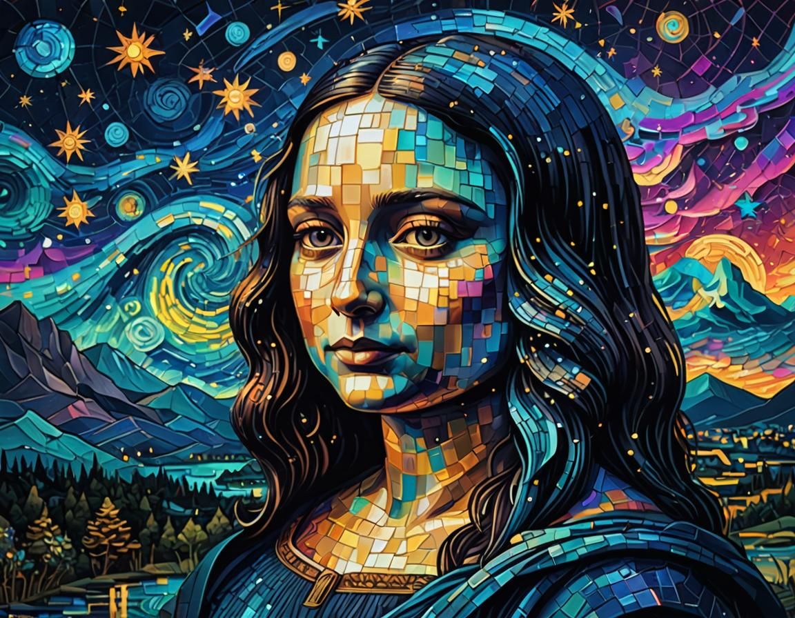 Mona Lisa Glitch in Starry Night