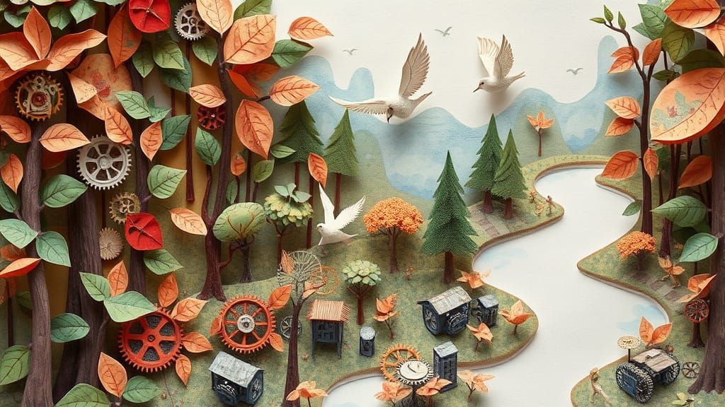 Whimsical Mechanical Woodland with Delicate Paper Birds