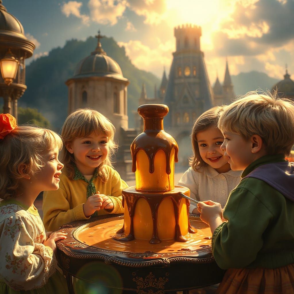 Joyful Children Indulge in Golden Chocolate Fantasy