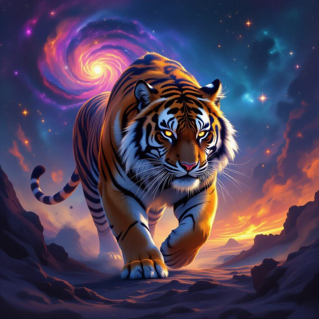 Obsidian Tiger in Celestial Landscape