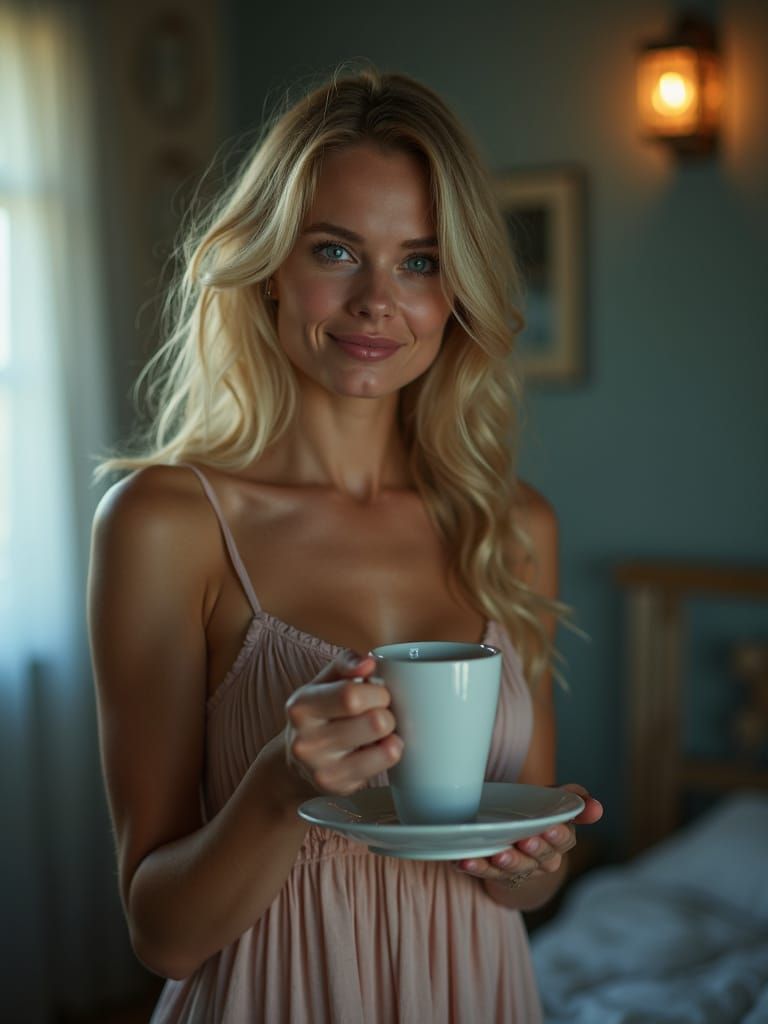 Hyperrealistic Portrait of a Blond Woman in a Flowing Nightg...