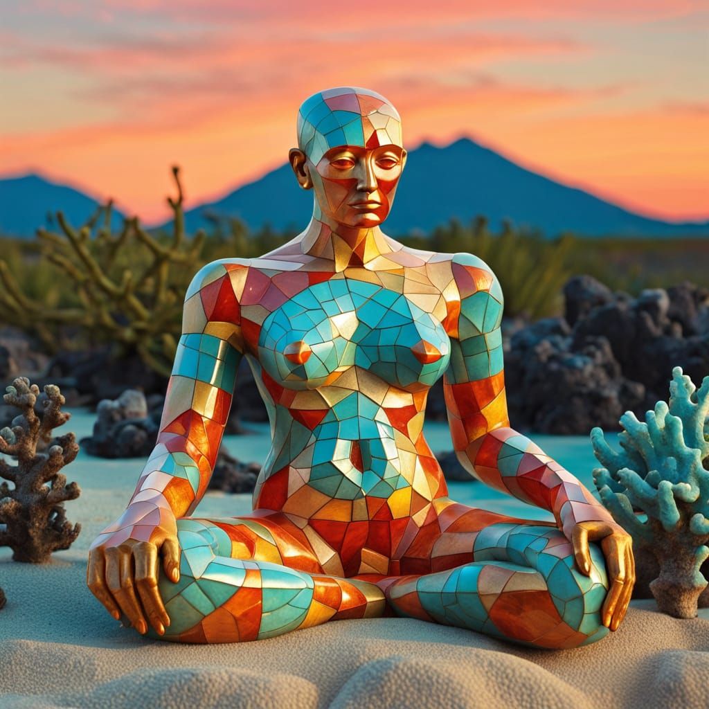 Kintsugi Golem on Coral Reef in Cubist Style