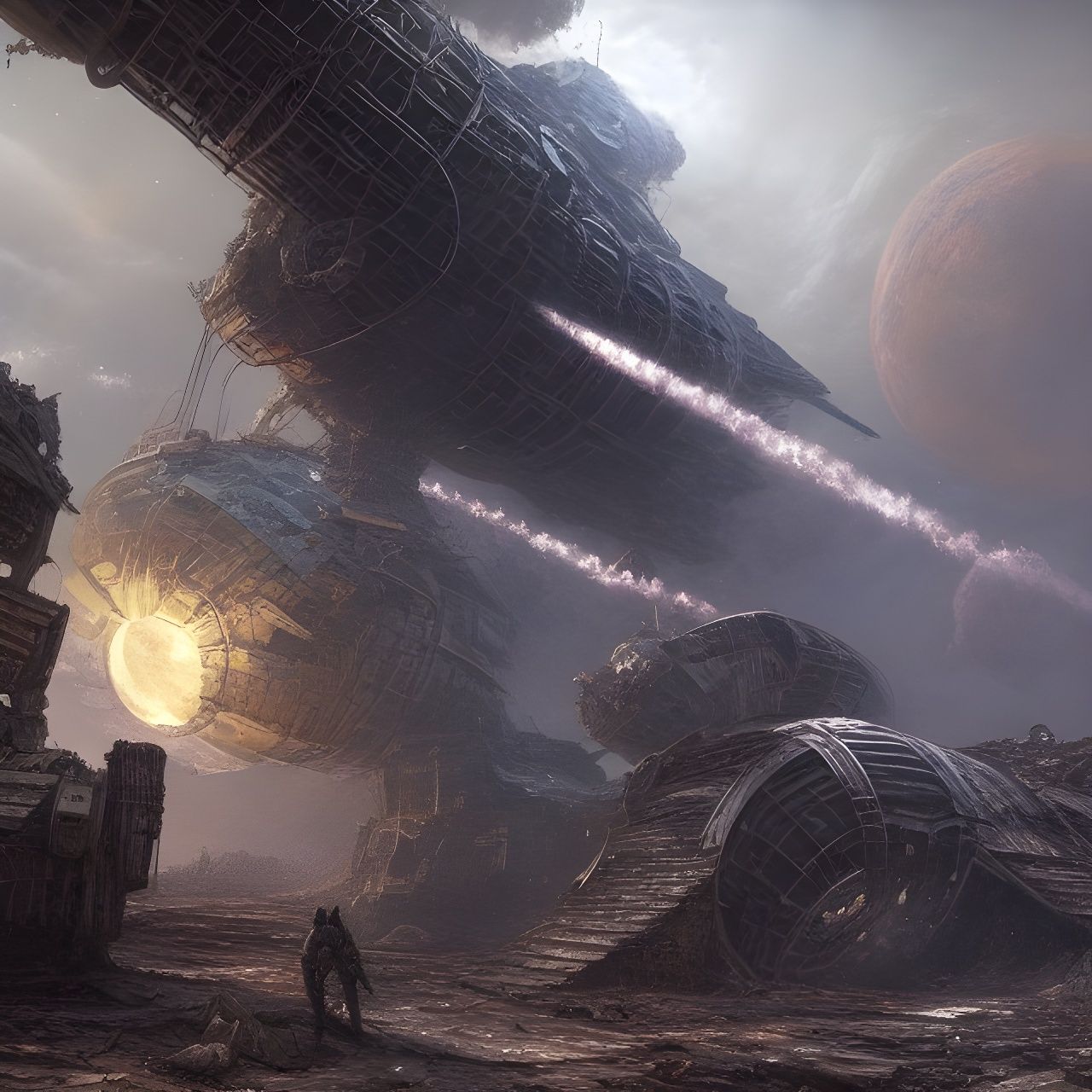 Ruined Space Station Concept Art in Sci-Fi Style