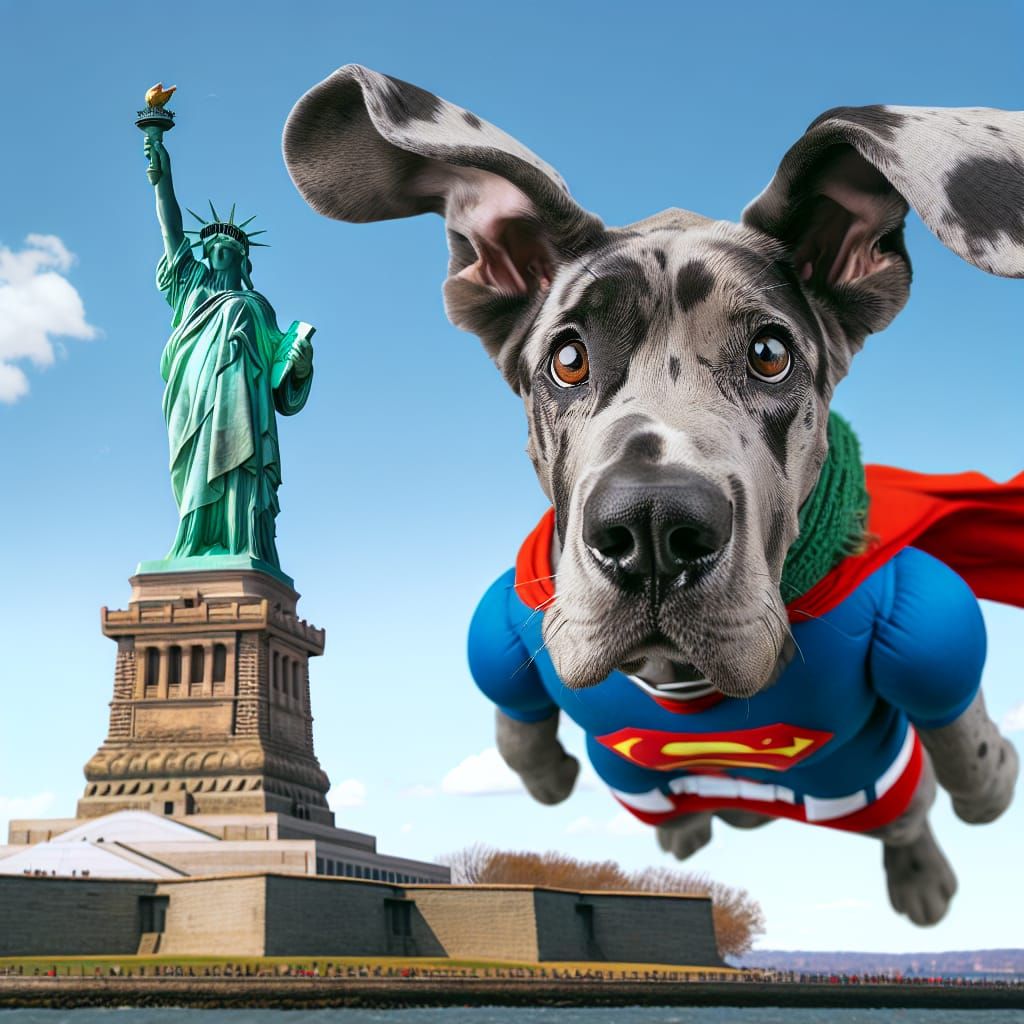 Superhero Great Dane Flying by Liberty Statue