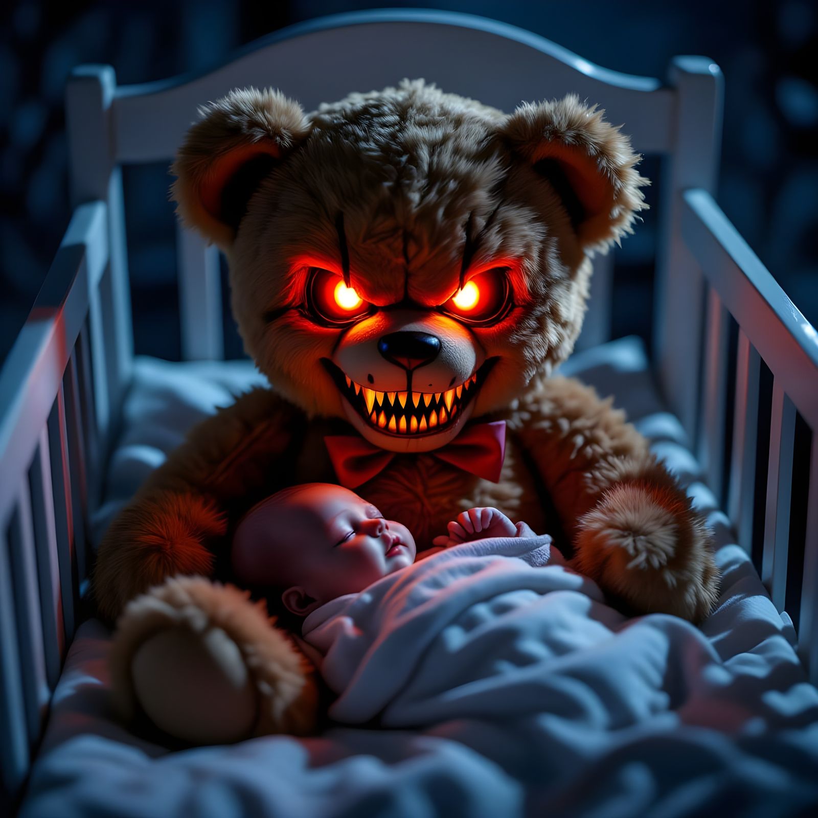 Demonic Teddy Bear Threatens Baby in Creepy Horror Scene