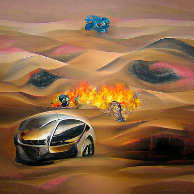 Burning Car in Desert with Robots, Oil Painting