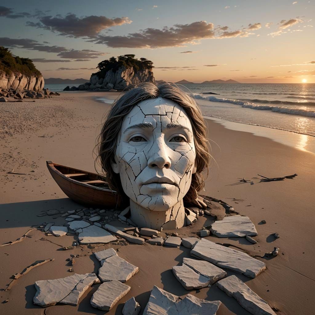 Cracked Stone Face at Sunset: Surreal Photorealistic Image