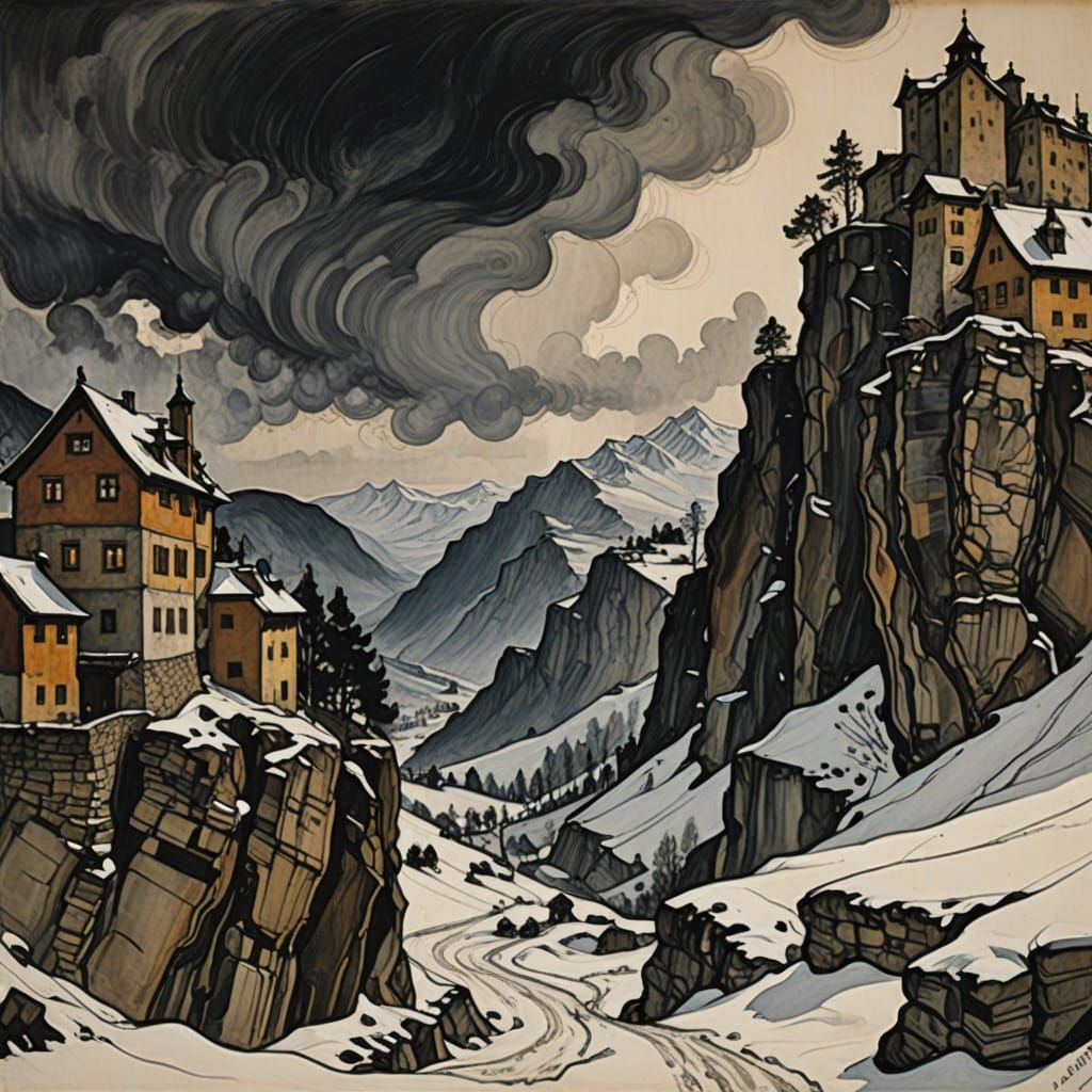 Mountain Fortress in Stormy Night, Illuminated by Flickering...