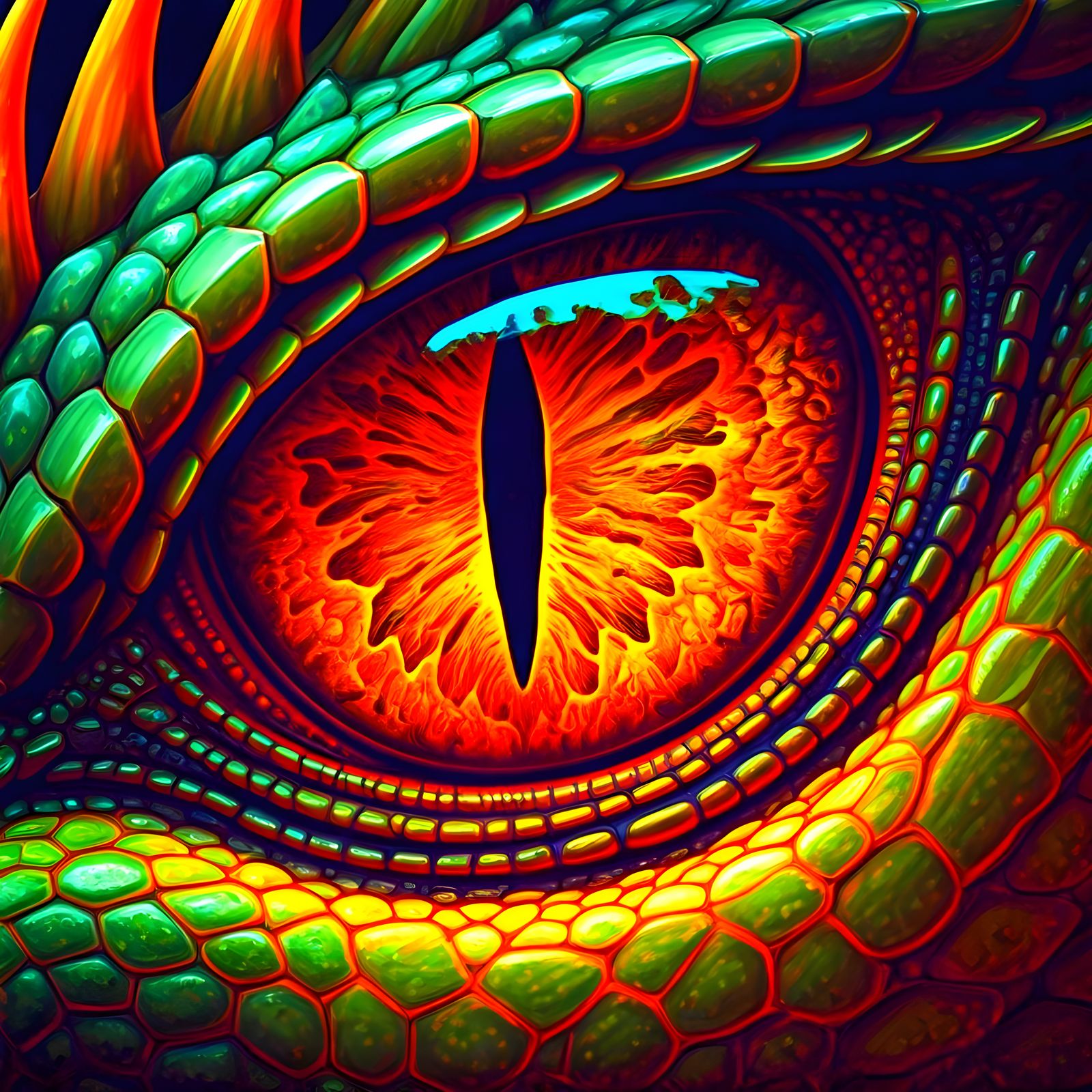 Neon Dragon Eye Close-up: A Digital Painting