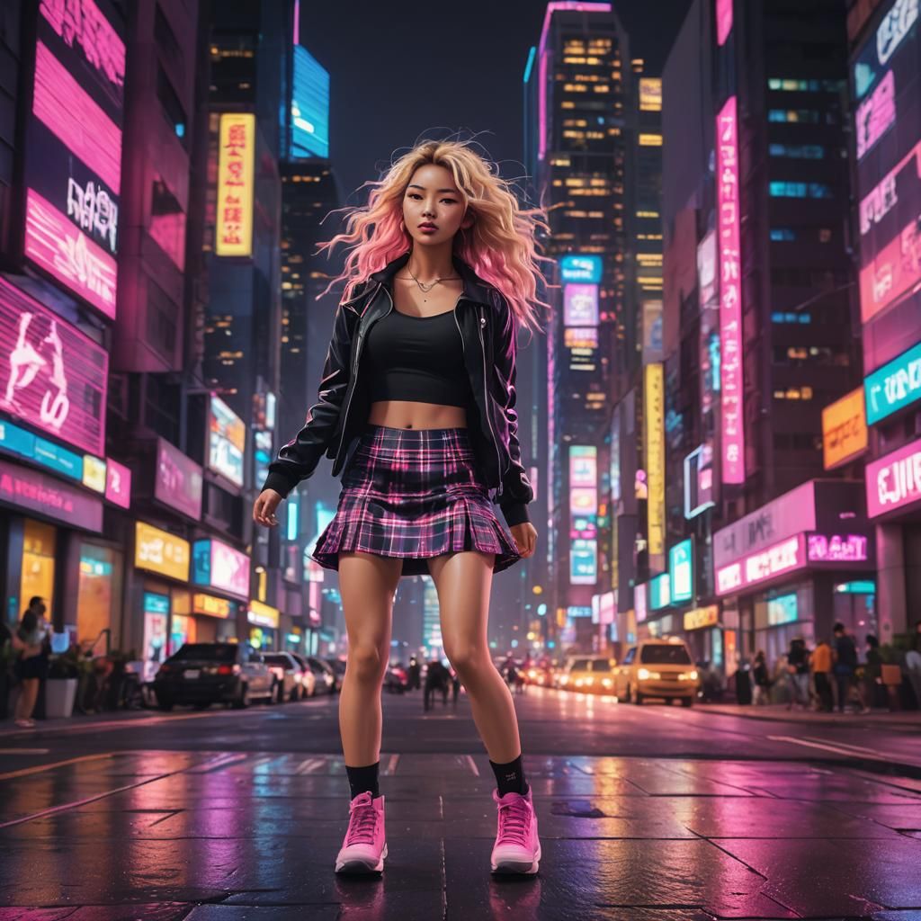 Blond Woman Dances in Neon Cityscape: Genshin Impact Style