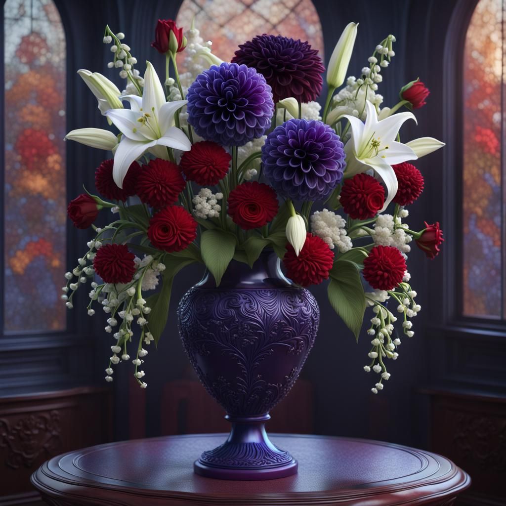 A bouquet of red and purple pompom dahlias, white lilies of the valley in a purple vase.