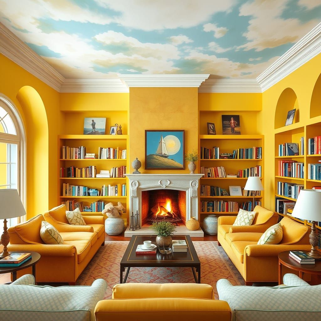 Sunny Monaco Library with Playful Polka Dots and Cozy Decor